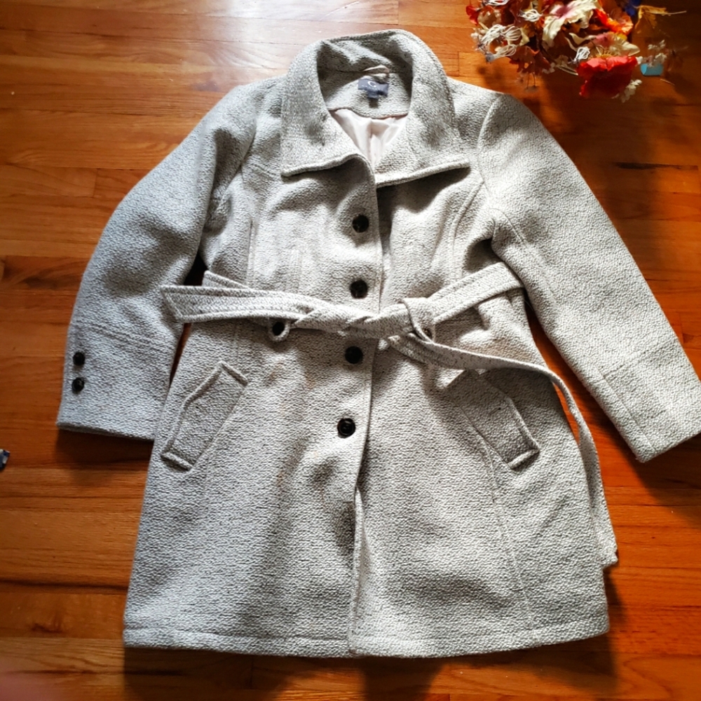 NWOT Gallery New York Tweed Tan Ivory White Tie Waist Wool Blend Coat Size 2XL